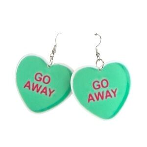 Handcrafted Green Heart Earrings with 'Go Away' Text